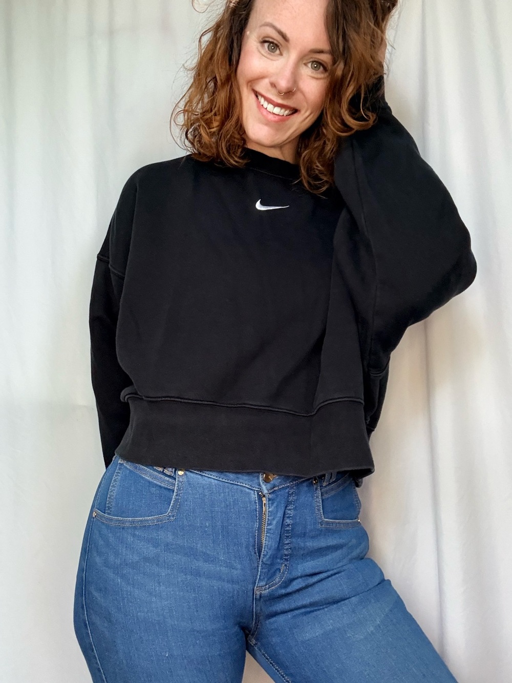 Nike Women's Black Cropped Crew Sweatshirt with White Swoosh